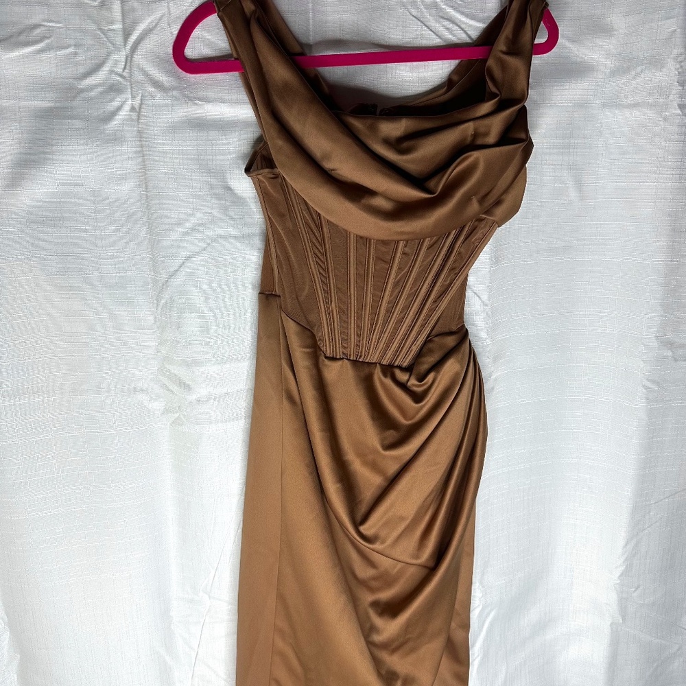 HOUSE OF CB 'Lulu'Toffee Asymmetric Drape Midi Corset Satin Dress Size S